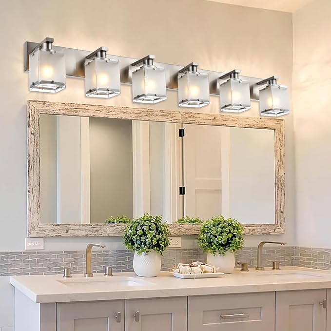 WINSHEN 6-Lights Bathroom Vantiy Light Over Mirror, Modern Black Vanity Lighting Fixtures with Rectangular Frosted Glass Shades for Bath Kitchen Wall Mounted, E26 Bulb Base