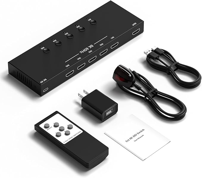 8K 5 in to 1 Out HDMI Switcher，5 Way HDMI Converter & Infrared Remote Control - Ideal for Nintendo Switch/OLED/Xbox PS5/4/3 Blu-Ray Player Fire TV Stick Roku Apple TV Chromecast PC