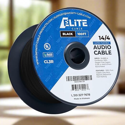 Elite 14/4 Speaker Wire 100ft, UL Listed, CMR/CL3R, (Riser/In-Wall & Outdoor/In-Ground (Direct Burial)- 100% Oxygen Free Pure Bare Copper (OFC), 14AWG/4-Conductor, 100ft Bulk Cable (105 strands) Black