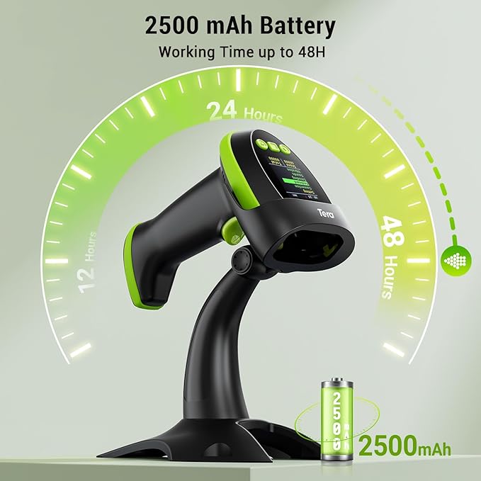 Tera Barcode Scanner Wireless 2D QR with Stand: Digital Setting Screen Keypad Pro Version Extra Fast Scanning Speed Works with Bluetooth 2.4G Wireless USB Wired Bar Code Reader HW0009-Z Green