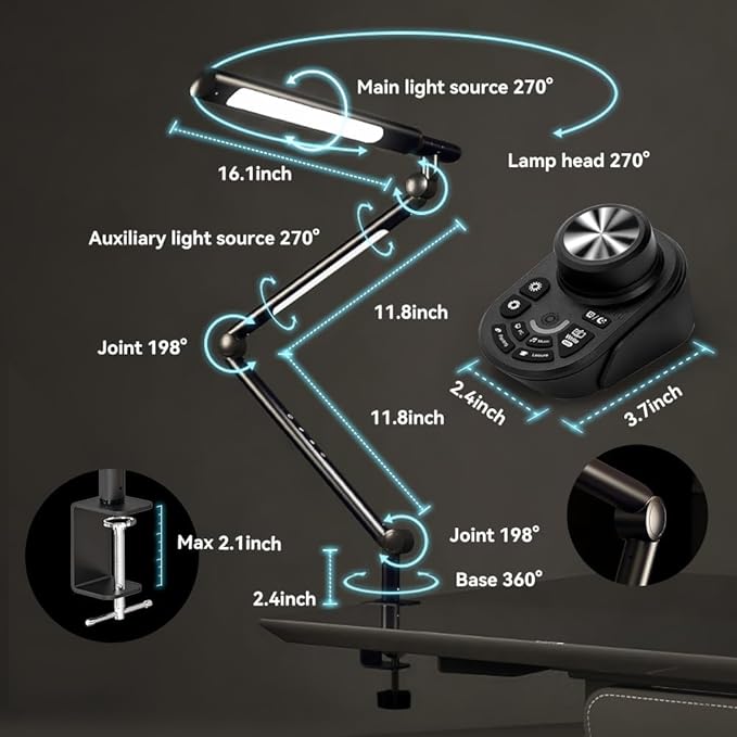 SANDROY VOLT Dual Light Source LED Desk Lamp - Clamp Mount Office Table Light with Knob Remote Control, Adjustable Brightness & Color Temperature, 5 Lighting Modes for Reading, Computer, DIY