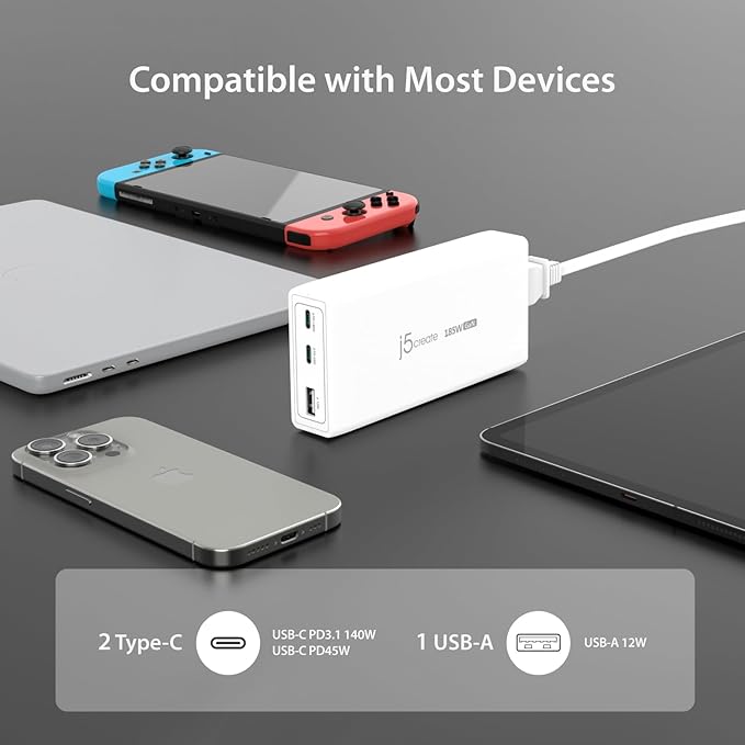 j5create 185W GaN USB-C/A 3-Port Laptop Super Charger w/Power Delivery 3.1, Supports MacBook Pro MagSafe 140W, Power and Charge Laptops/Tablets/Phones/Game Consoles (JUP37185W)