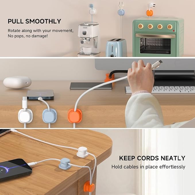 Magnetic Cord Organizer Holder, Upgrade Cord Holder for Nightstand, Adhesive Wire Cable Clips Management Kit for Phone Charger, Computer, Home, Office, Desk, Nightstand (Mix, 12 Packs)