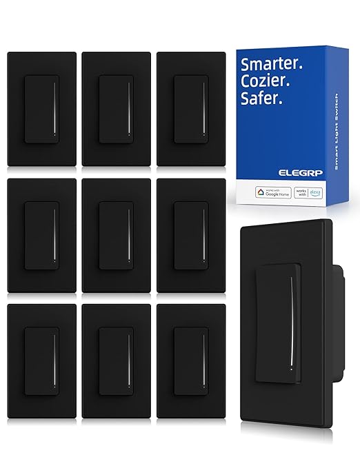 ELEGRP Smart Dimmer Light Switch DTR10, Single Pole Setup, 2.4GHz Wi-Fi Touch Dimmer Compatible with Alexa and Google Assistant, Needs Neutral Wire, No Hub Required, UL&FCC Listed, Black, 10 Pack