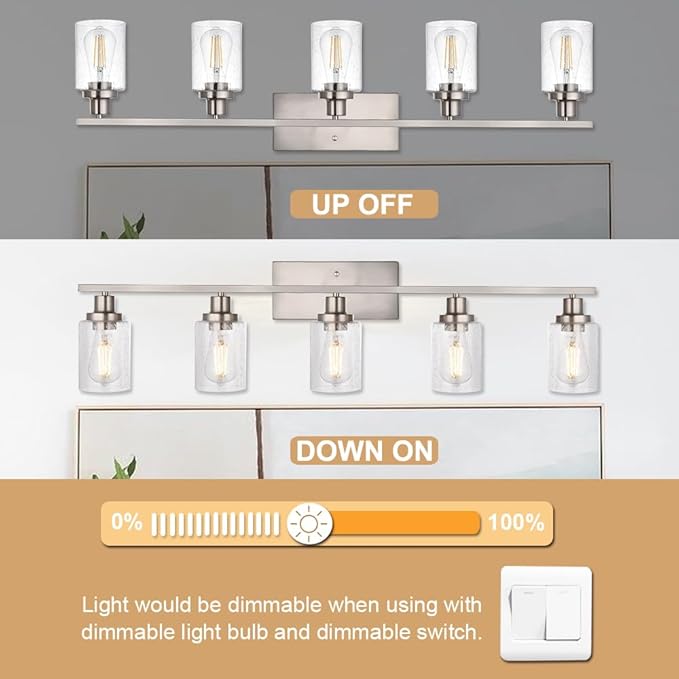 WINSHEN 40-Inches Length Bathroom Vanity Lighting Fixtures Over Mirror in Brushed Nickel, 5-Lights Industrial Sconce Wall Lamp with Seeded Glass Shades