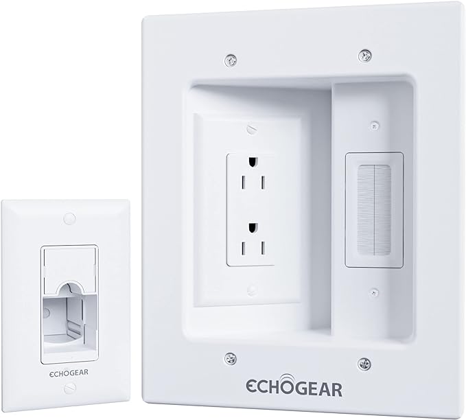 ECHOGEAR TV Cord Hider for Wall Mounted TV – Dual Outlet in-Wall Cable Management Kit for Power & Low Voltage Cables – Includes 6.25”L x 8”H x 3.95”D Module, Wall Template, Saw, 6ft Extension Cord