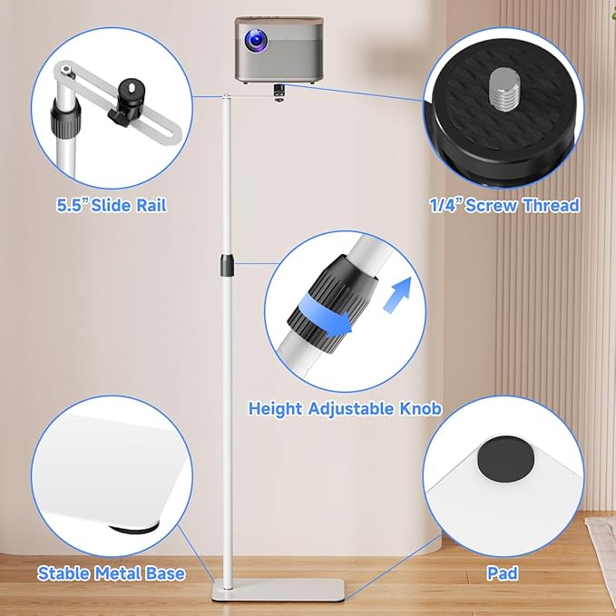 suptek Projector Stand Against Wall Hidden Stand, 360°Swivel, Height Adjustable, Mini Projector Mount Bracket, Compatible with Home Office Video Vlog DVR Camera, PR001FPW
