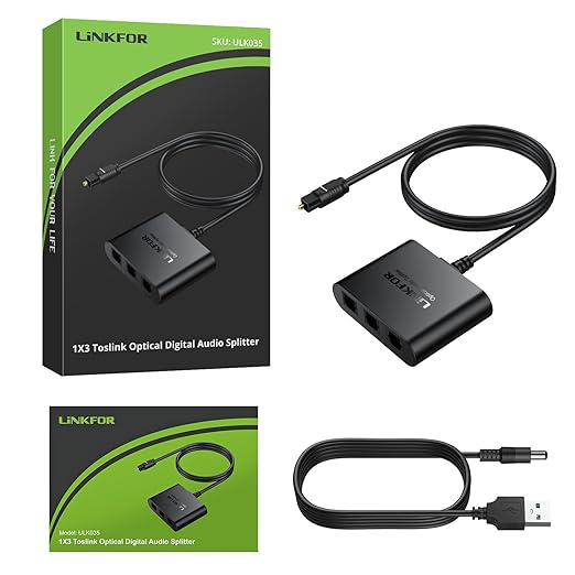 LiNKFOR Optical Cable Splitter 1x3 SPDIF Toslink with 1PCS Optical Audio Cable Toslink Splitter 1 in 3 Out Support LPCM 2.0 DTS Dolby-AC3 Compatible with PS3 DVD HDTV STB Etc