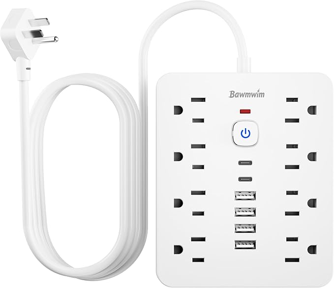 Bawmwim Surge Protector Power Strip - 8 Outlets(1250W/10A) 4 USB A（2 USB C, 6FT Flat Plug Extension Cord, Wall Mount Multi Plug Outlet Extender, ETL Listed for Home, Dorm Room