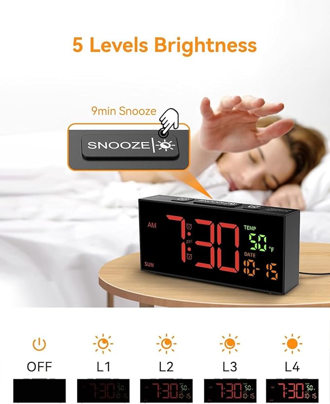 Netzu Alarm Clocks for Bedrooms, Digital Alarm Clock with Date Temperature and Weekday, Manual DST, Snooze, 2 Alarms, 4 Volumes for Living Room Home Bedside Desk