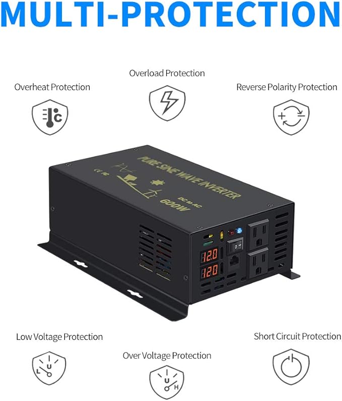WZRELB 600W 12V 120V Pure Sine Wave Power Inverter with 2 AC Outlets Wired Remote Control