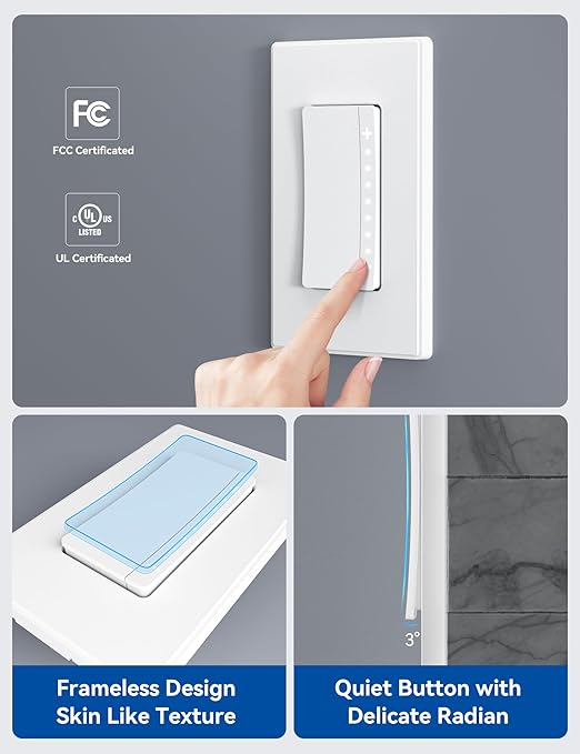 ELEGRP Single Pole Smart Dimmer Light Switch DPR10, 2.4GHz Wi-Fi Dimmer Switch Compatible with Alexa and Google Assistant, Needs Neutral Wire, No Hub Required, UL and FCC Listed, White, 4 Pack