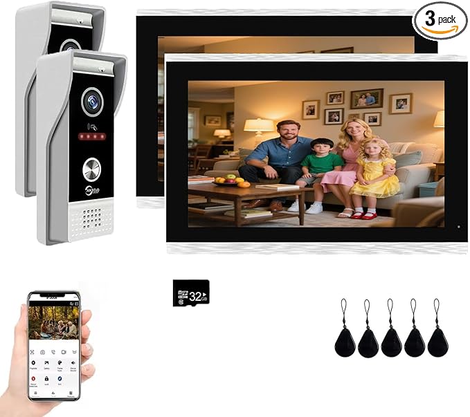 Video Doorbell Intercom System,10 Inches Touch Screen (Silver) Video Doorbell Door Phone System,Support Remote Unlock, Dual-Way Intercom,Night Vision for Villa House Apartment (2-Camera + 2-Monitor)