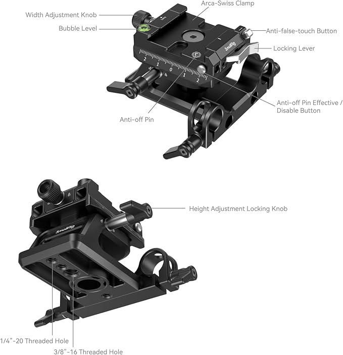 SmallRig Mount Plate for Arca-Swiss Quick Release Clamp and Bottom Plate for Manfrotto Type with Height-Adjustable 15mm Rod Clamp Mount - 4233