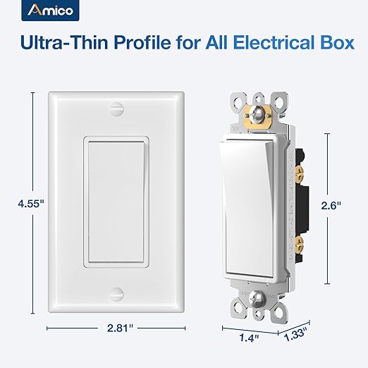 Amico 50 Pack Single Pole Light Switch with Wall Plate, UL Listed, 15A 120/277V, On/Off Rocker Paddle Interrupter Wall Switch, Grounding Screw, Residential Grade, Suitable for Home and Business, White