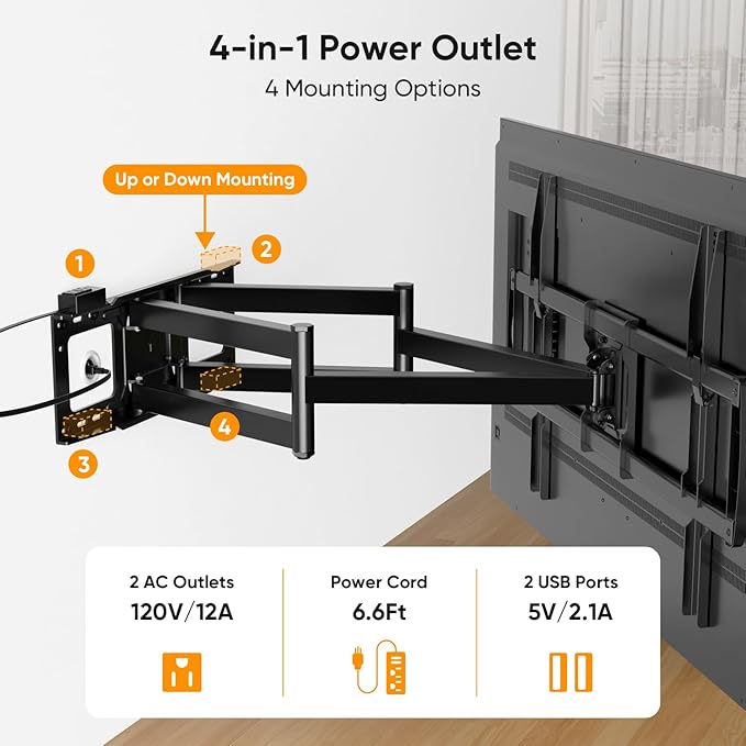 FORGING MOUNT Long Arm TV Wall Mount with 42.9 inch Extension and Power Strip for 60–120 Inch TVs, Heavy Duty Full Motion TV Mount,VESA 900x600mm,up to 275 lbs,Smooth Swivel, Tilt,16”-24” Wood Studs