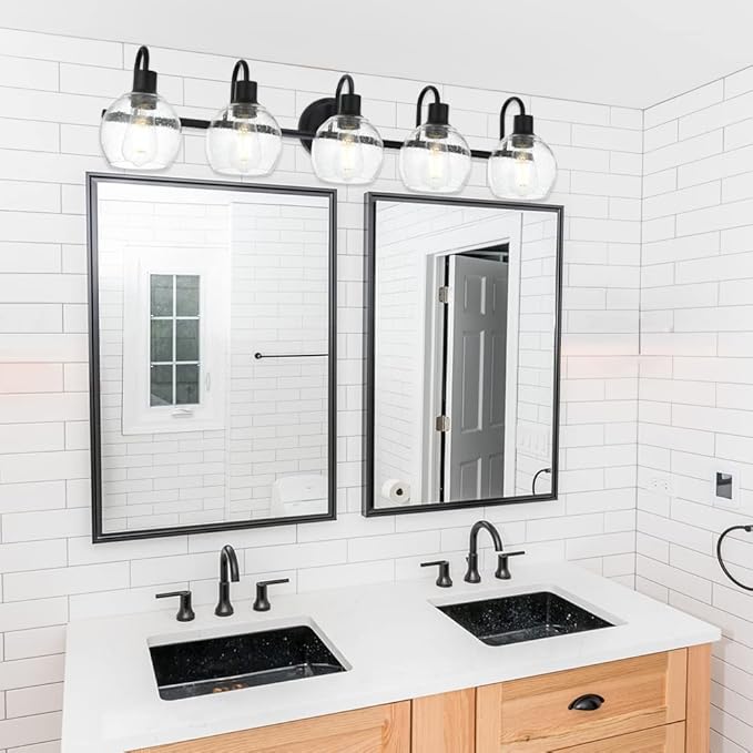 WINSHEN 5-Lights Black Bathroom Vanity Light Fixtures Over Mirror, Modern Vanity Wall Sconce Lighting with Globe Seeded Glass Lampshades for Bedroom Kitchen Hallway