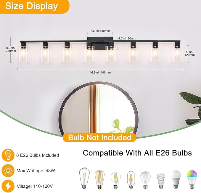 SOPEAS 8-Light Black Vanity Light Fixtures,Vanity Lights Clear Glass ShadeRust and Moisture Resistant Easy to Install Vanity Lights for Bathroom Light Over Mirror