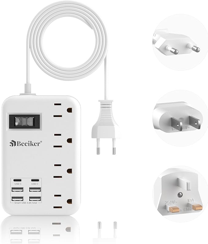 European Travel Plug Adapter, US to Europe Travel Power Strip with 6 USB(2 USB C) 4 Outlets, International Universal Travel Power Adapter with 3ft Extension Cord for EU UK France Italy Germany Cruise