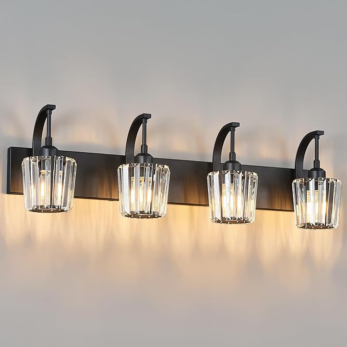 FDPBY Modern Bathroom Vanity Light, 4-Light Black Wall Sconce with Crystal Accents, Over Mirror Bathroom Lighting Fixture, 32.67" Long Dimmable Vanity Lamp for Makeup, Easy Installation