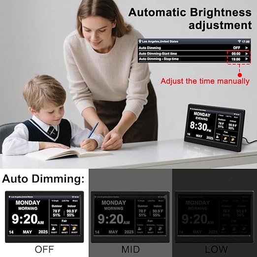 FEYBYLA 2025 New Digital Clock with Temperature/Humidity & Weather Forecast, Auto Time Sync Large Display, Custom Alarms & Medication Reminders, Ideal for Elderly(Black, 10.1-Inch)