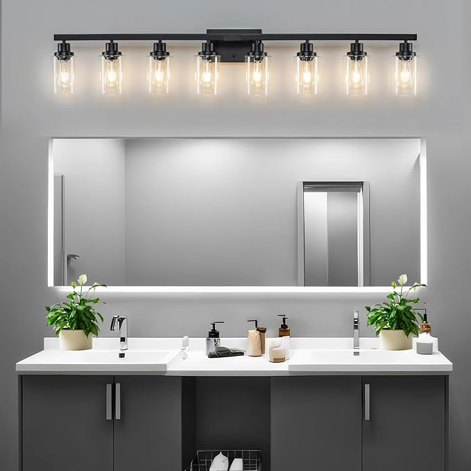 DIKAIDA 8 Light Bathroom Vanity Lights Over Mirror, 52inch Black Vanity Lights Fixtures Matte Black Modern Vanity Lights Black Bathroom Wall Lighting for Mirror Bedroom,Living Room