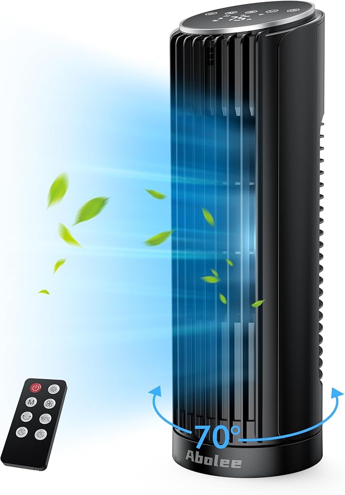 Abolee Tower Fan for Bedroom, 23ft/s Desk Fan with Remote, 70° Oscillating Desk Fan, 4 Speeds, 4 Modes,12Timer, 13'' Bladeless Portable Fan for Bedroom Office Home Black