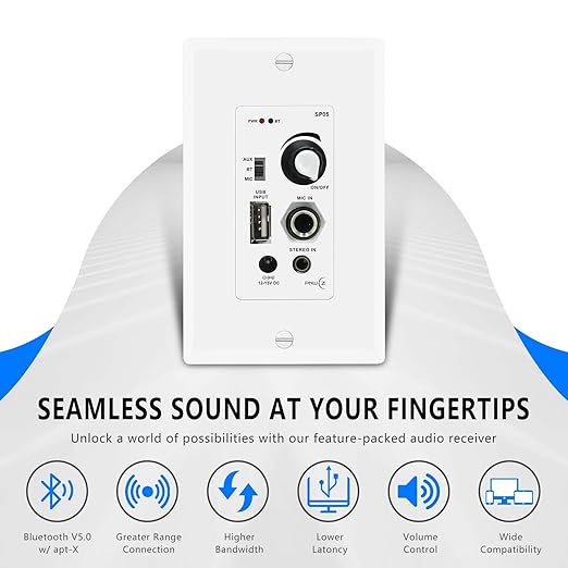 PNWCZ in Wall Audio Control Amplifier Receiver Compatible with Bluetooth 2 Channel Wall Plate with USB Microphone Aux (3.5mm) Input 120W for Sound Systems Home Theater Integration