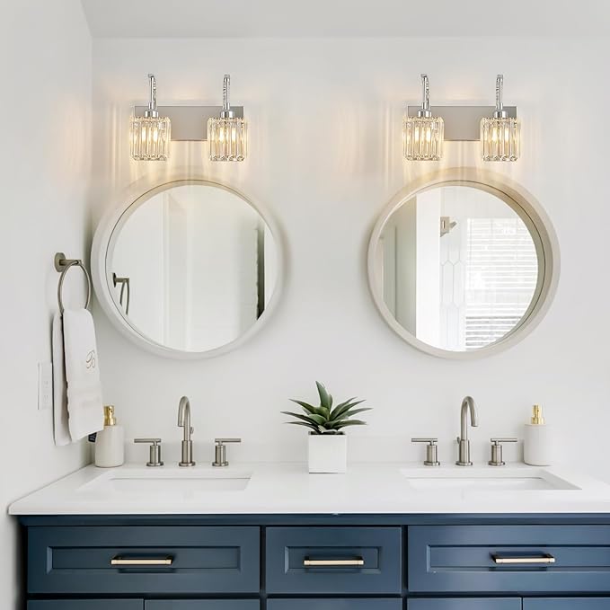 FDPBY Crystal Vanity Lights 2-Light Chrome Wall Lamp Modern Crystal Bathroom Light Fixtures Over Mirror 13.77" Long Bathroom Wall Sconce