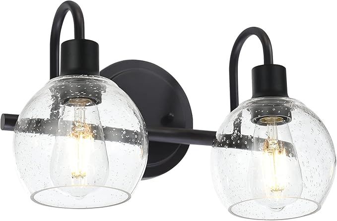 WINSHEN Black 2-Lights Wall Sconce Lighting with Seeded Glass Lampshades Industrial Bathroom Vanity Light Fixtures for Hallway Kitchen Bedroom