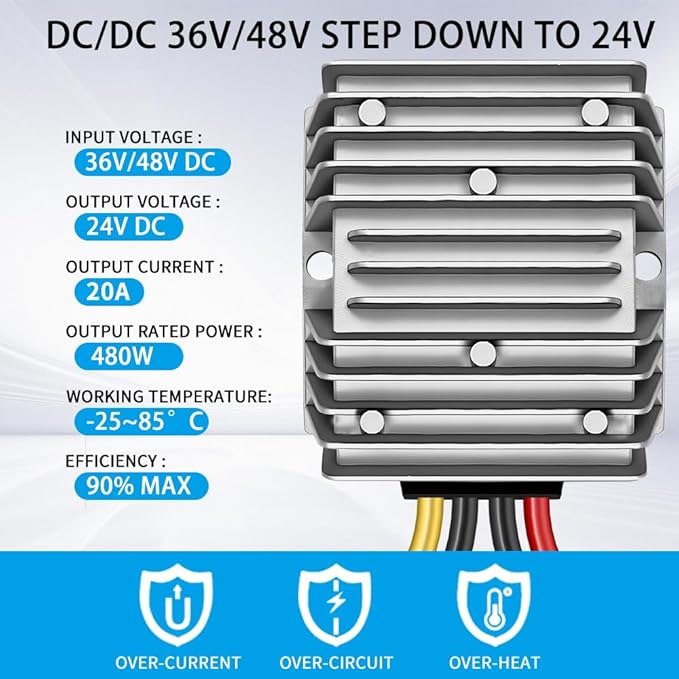 DC 36V/48V Step Down to 24V 20A 480W, DC 36V 48V Buck to 24V Voltage Regulator, IP67 Waterproof Power Supply Module Buck Transformer for Golf Cart Forklifts Car Truck Boat Vehicle