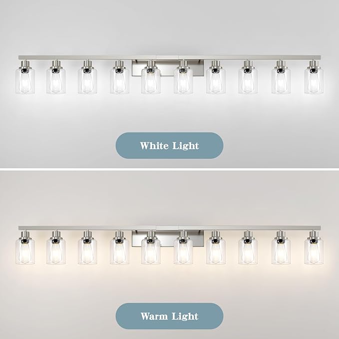 DIKAIDA Brushed Nickel Bathroom Vanity Light,10-Light Vanity Lights with Clear Glass,64.5in Modern Bathroom Wall Lights Fixtures Over Mirror,Wall Sconces Lighting for Bedroom Living Room,E26