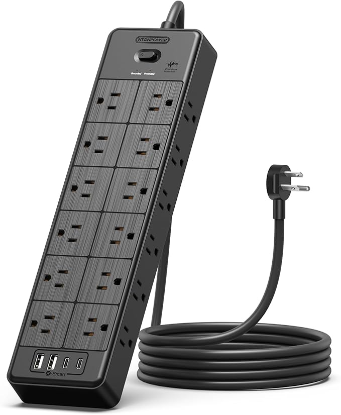 24 Widely Outlets 5 Ft Extension Cord NTONPOWER 15A/1875W Power Strips,Black Extension Cord 25FT with 4 USB Ports(2 USB C), Wall Mount Holes for Home, Office