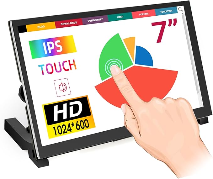 ELECROW 7 Inch Touchscreen Monitor for Raspberry Pi - 1024x600 IPS Capacitive Touch Screen HD Mini LCD Display with Stand Compatible with Raspberry Pi 5/4B/3B+/3B, BB Black, Win11/10/8/7, Driver Free