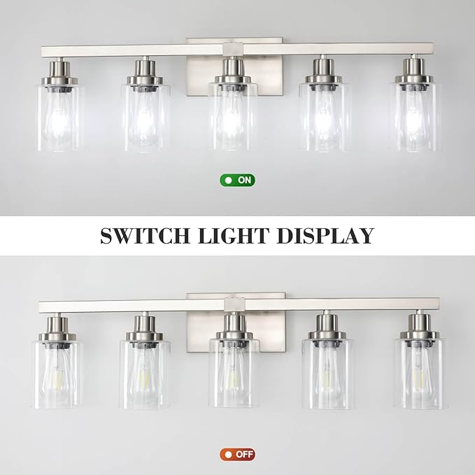 DIKAIDA Bathroom Vanity Light, 5-Light Nickel Modern Matte Wall Sconce Lighting with Clear Glass Shade, Wall Lights,Bath Vintage Wall Mounted Lamps for Mirror Bedroom Living Room