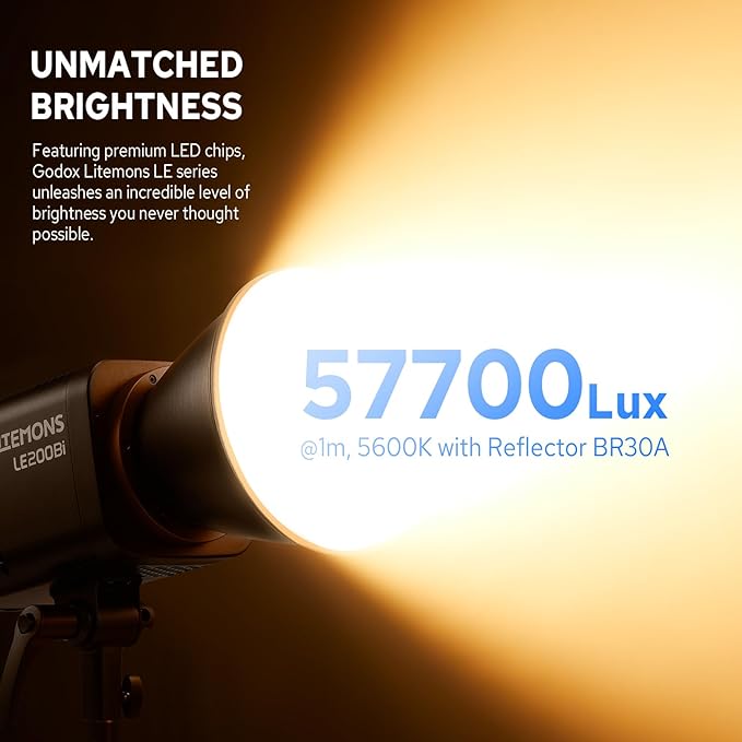 Godox Litemons LE200Bi 220W Bi-Color LED Video Light, 57700Lux@1M with APP Control, CRI/TLCI 98+ Studio Light with 11 FX Effects, 0-100% Brightness Bowens Mount LED(Black)