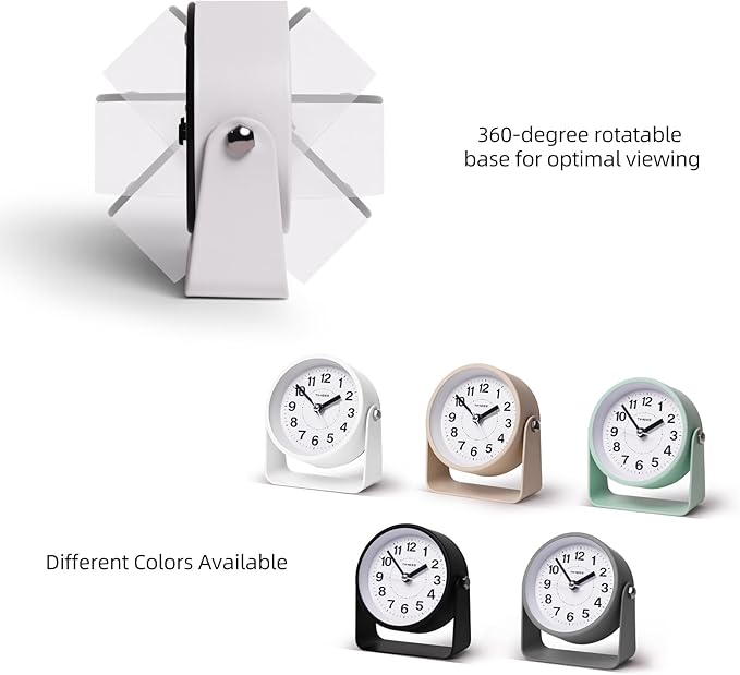 TIMESS Analog Alarm Clock, Silent Non-Ticking Quartz Movement, Battery-Operated with Snooze & On-Demand Light, Easy to Set Gentle Wake Bedside Desk Clock, Ideal for Home, Travel, Office (White)