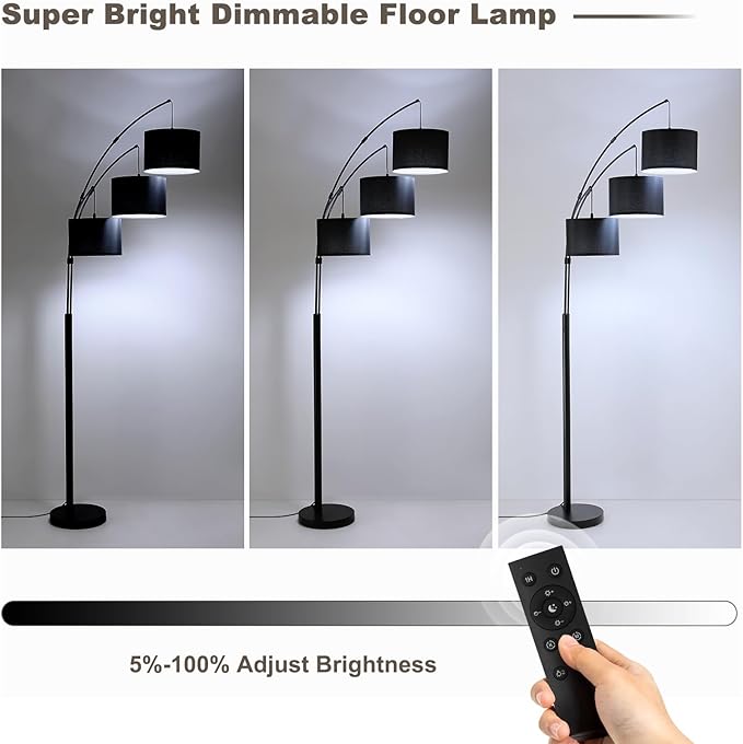 Fansdrick Floor lamp with Remote, 3 Light Arc Floor Lamps for Living Room, 2400LM Tall Standing Floor Lamps with Black Shades, 80" Large Floor Lamp for Bedroom, Office