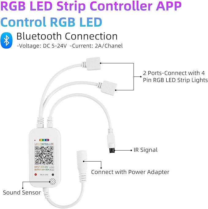 Taoellen Smart Bluetooth LED Controller,RGB Music LED Strip Lights Controller,4-PIN IR Remote Control 40-Keys for 5-24V SMD 5050 3528 RGB LED Strips