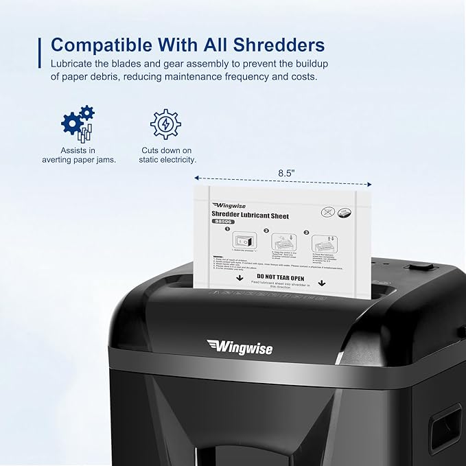 Wingwise 12-Pack Shredder Lubricant Sheets, 8.5 x 6 Inches, Sharpens Blades & Reduces Jams, Mess-Free Maintenance for All Shredders