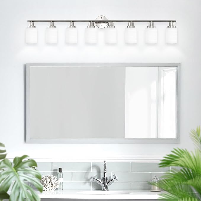 Guliaofo 8-Light Vanity Lights, Brushed Nickel Bathroom Light Fixture with Striped Textured Milky White Glass Shade, E26 Modern Vanity Lighting Fixture for Bathroom Wall Sconce Light Over Mirror