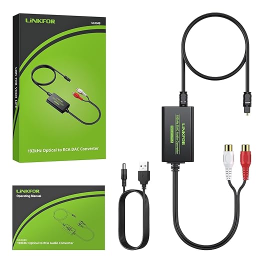 LiNKFOR 192kHz DAC Converter Digital to Analog Converter Digital Optical SPDIF Toslink to Analog Stereo Audio RCA L/R Audio Adapter with Optical Cable for HDTV Blu Ray DVD Amps (RCA Female)