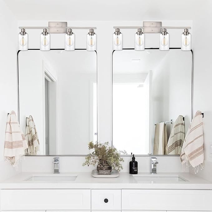 WINSHEN 4-Lights Modern Vanity Light Fixtures for Bathroom Over Mirror, Farmhouse 31-Inches Length Seeded Glass Bath Wall Sconce Lighting in Brushed Nickel