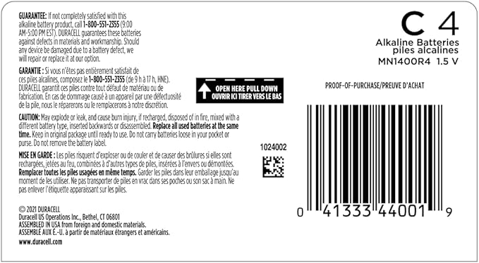 Duracell Coppertop C Batteries, 4 Count Pack, C Battery with Long-Lasting Power, All-Purpose Alkaline C Battery for Household and Office Devices (Pack of 2)