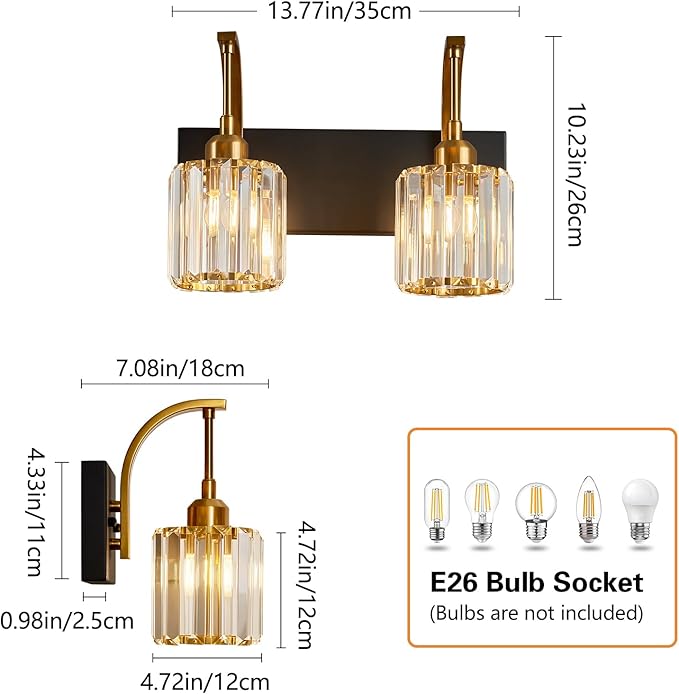 FDPBY Bathroom Crystal Vanity Lights 2-Light Black Gold Wall Lamp Modern Crystal Bathroom Light Fixtures Over Mirror 13.77" Long Wall Sconce