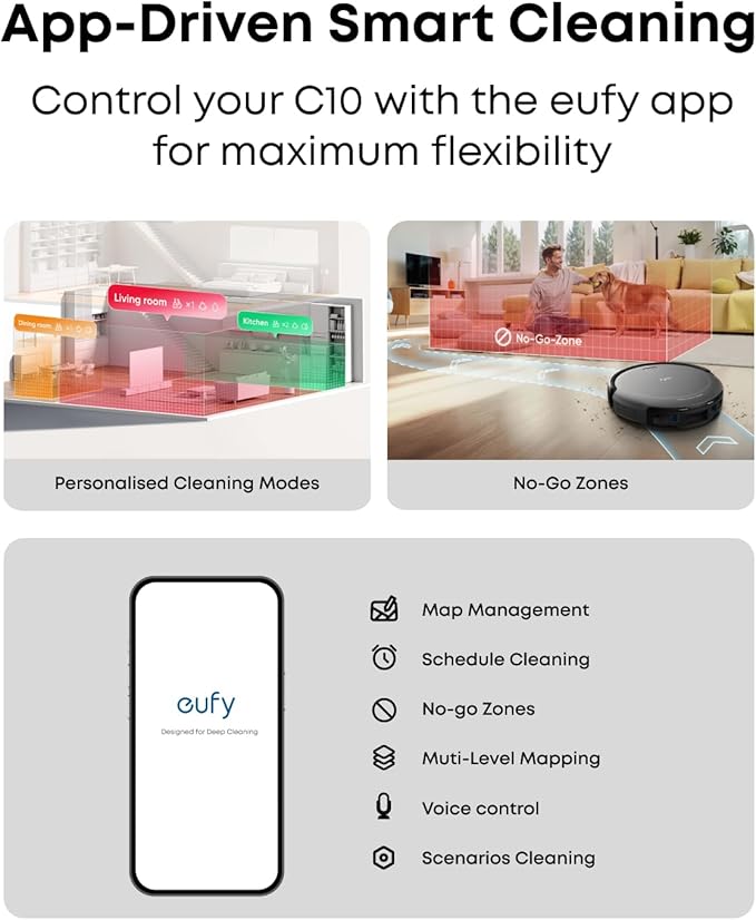 eufy C10 Robot Vacuum Self Emptying, 8 Weeks Hands Free, Advanced Smart Mapping with LiDAR Navigation, 2.85-Inch Slim Design, Powerful Suction, Edge Expansion Brush for Pet Hair, Carpet Detection