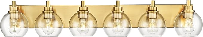 METWET Bathroom Light Fixtures, 6 Light Brushed Gold Vanity Light, 38 Inch Modern Wall Sconces with Globe Clear Glass Shade, Vanity Lighting Fixtures Over Mirror, VL195-BG-6