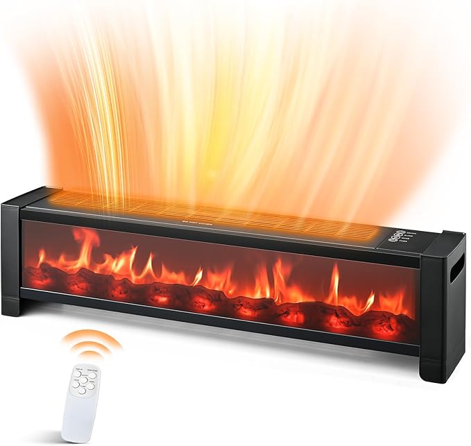 Air Choice 33” Baseboard Heater, 1500W Fireplace Heater with Top Air Outlet, Remote, Adjustable Thermostat, 12H Timer, Overheat&Tip-Over Protection, No Fan Design, Space Heater for Large Room Office