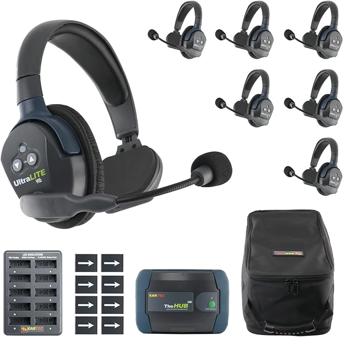 EARTEC HUB7S Ultralite-HD 7 Person Full Duplex Wireless Intercom Headset Communication System, Single Ear Headsets, Up to 1000ft Range, U.S. Company