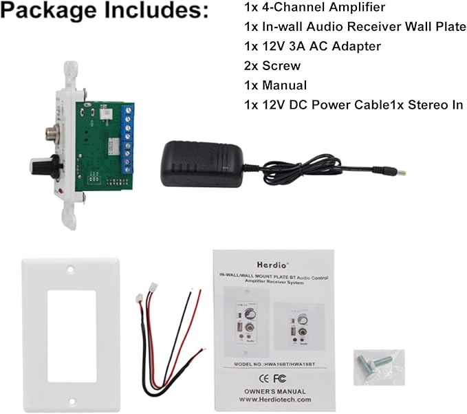 Herdio Bluetooth Wall Amplifier 4 Channels Volume Control Wall Plate USB/MIC/AUX(3.5mm) Inputs Connect 4 Speakers with 12V 3A Power Supply,HWA-16BT-4CH